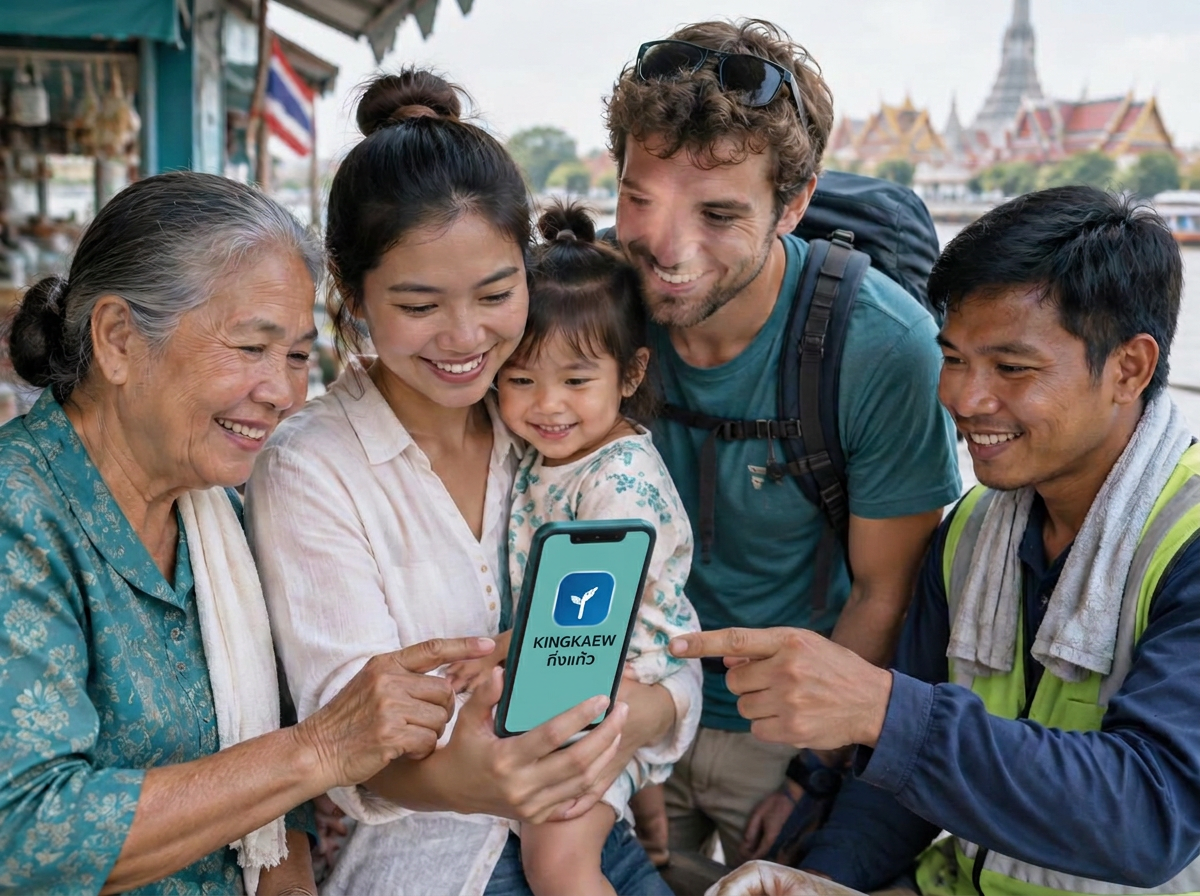 Thai people, a tourist, and a migrant worker using a health app on one phone together