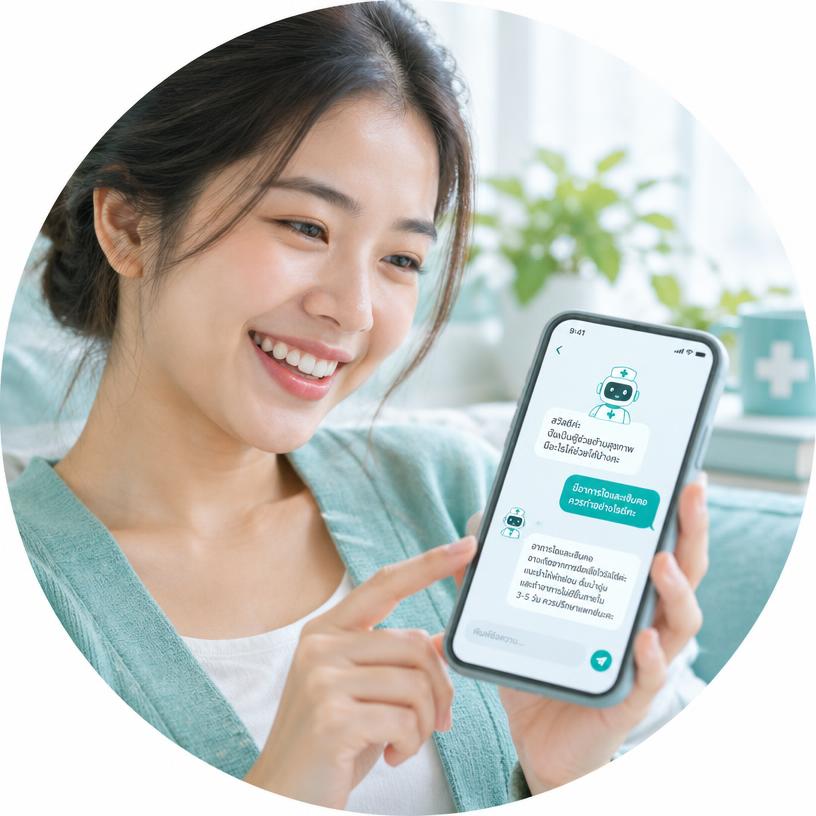 A smiling young woman chatting with the Kingkaew health assistant on her phone