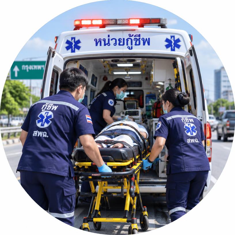 Paramedics loading a patient on a stretcher into an ambulance with its lights on