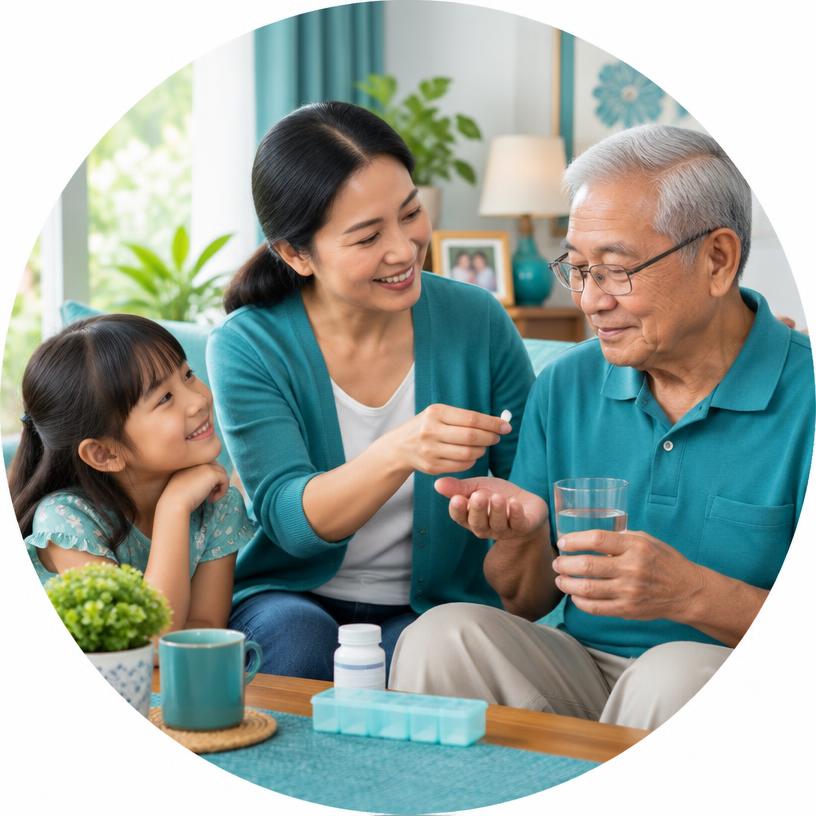 A Thai family giving medicine to an older father at home while his granddaughter looks on