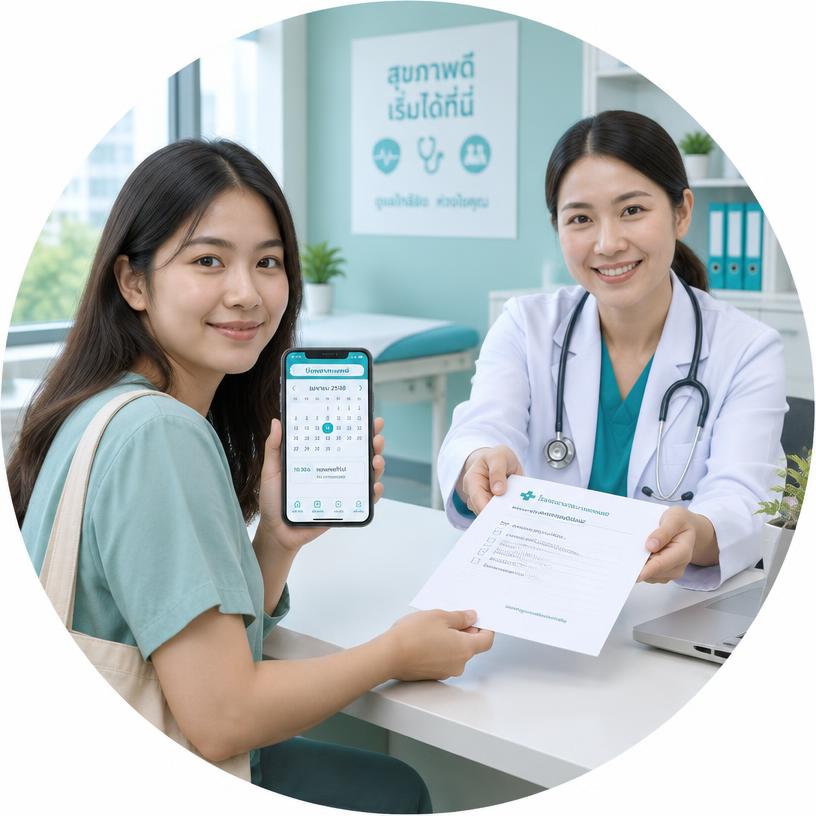 A doctor handing a patient a summary document while she holds up her appointment app