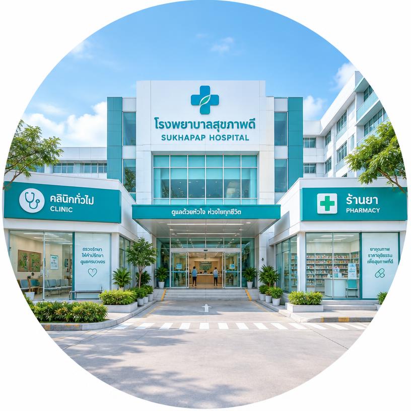 The front entrance of a Thai hospital with a clinic and pharmacy on either side