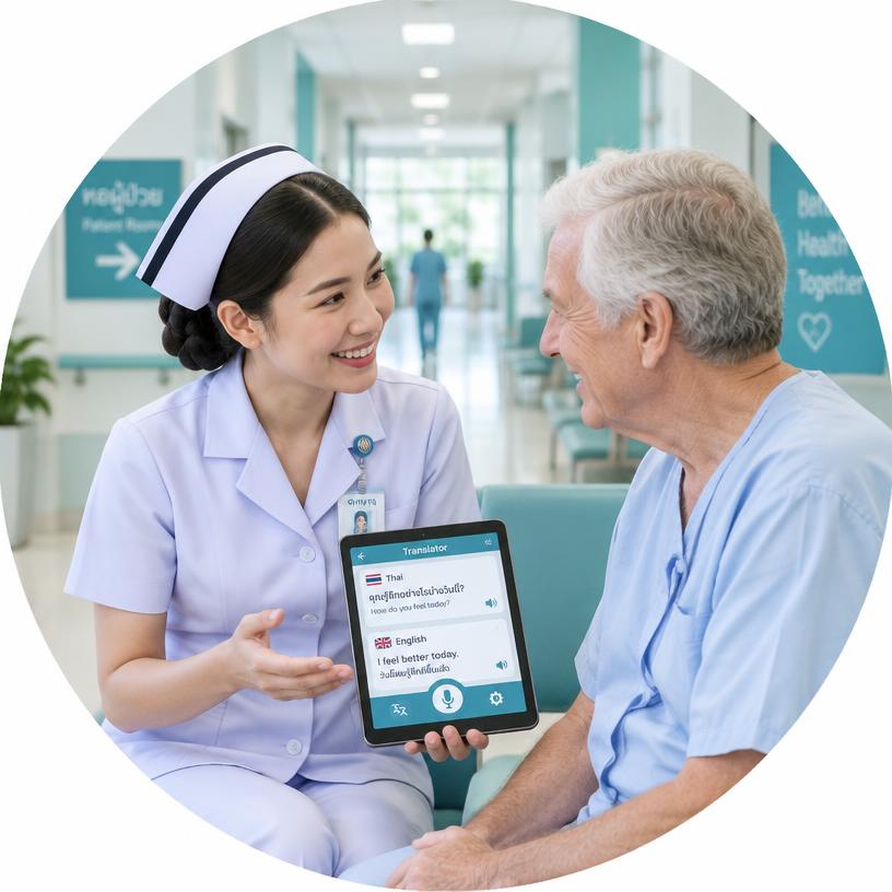 A Thai nurse and an older foreign patient talking through a translation app on a tablet