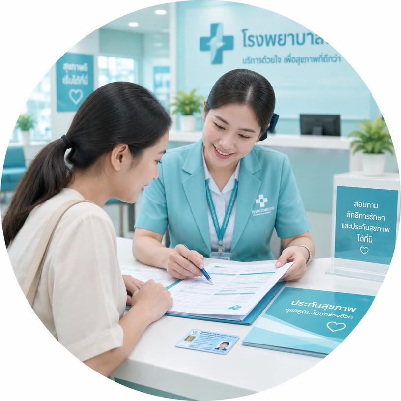 Hospital staff helping a patient complete insurance and coverage paperwork at a reception desk