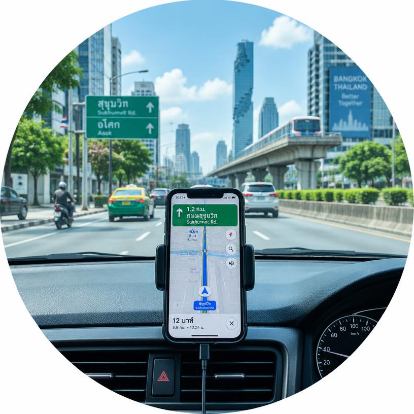A phone mounted on a car dashboard showing turn-by-turn directions on a Bangkok street