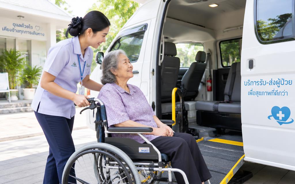 A caregiver helping an older woman in a wheelchair board a medical transport van
