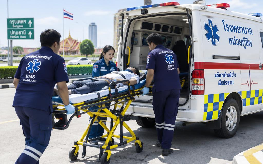 Thai EMS rescue workers moving a patient on a stretcher into an ambulance