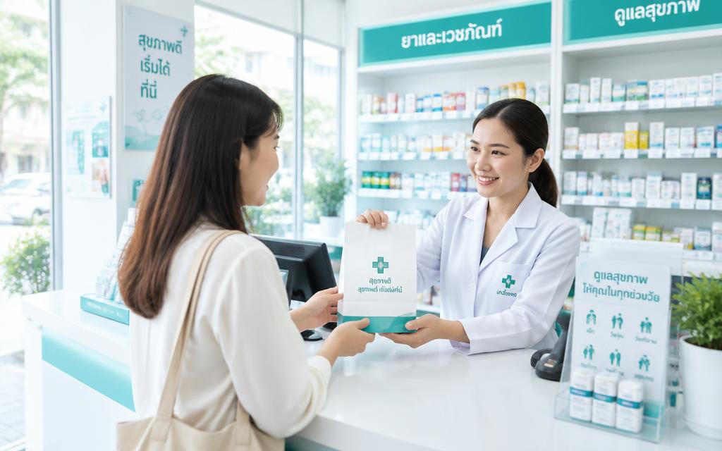 A pharmacist handing a bag of medicine to a customer at a Thai pharmacy counter